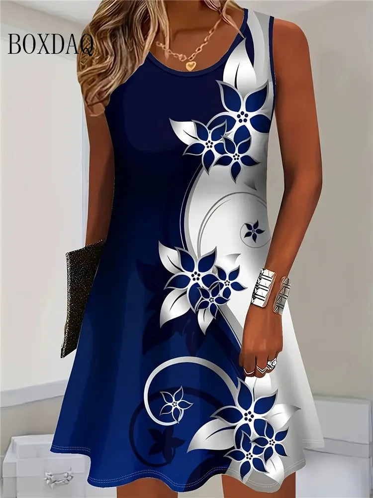 Women Bohemian Floral Print Summer Dress Sleeveless Knit