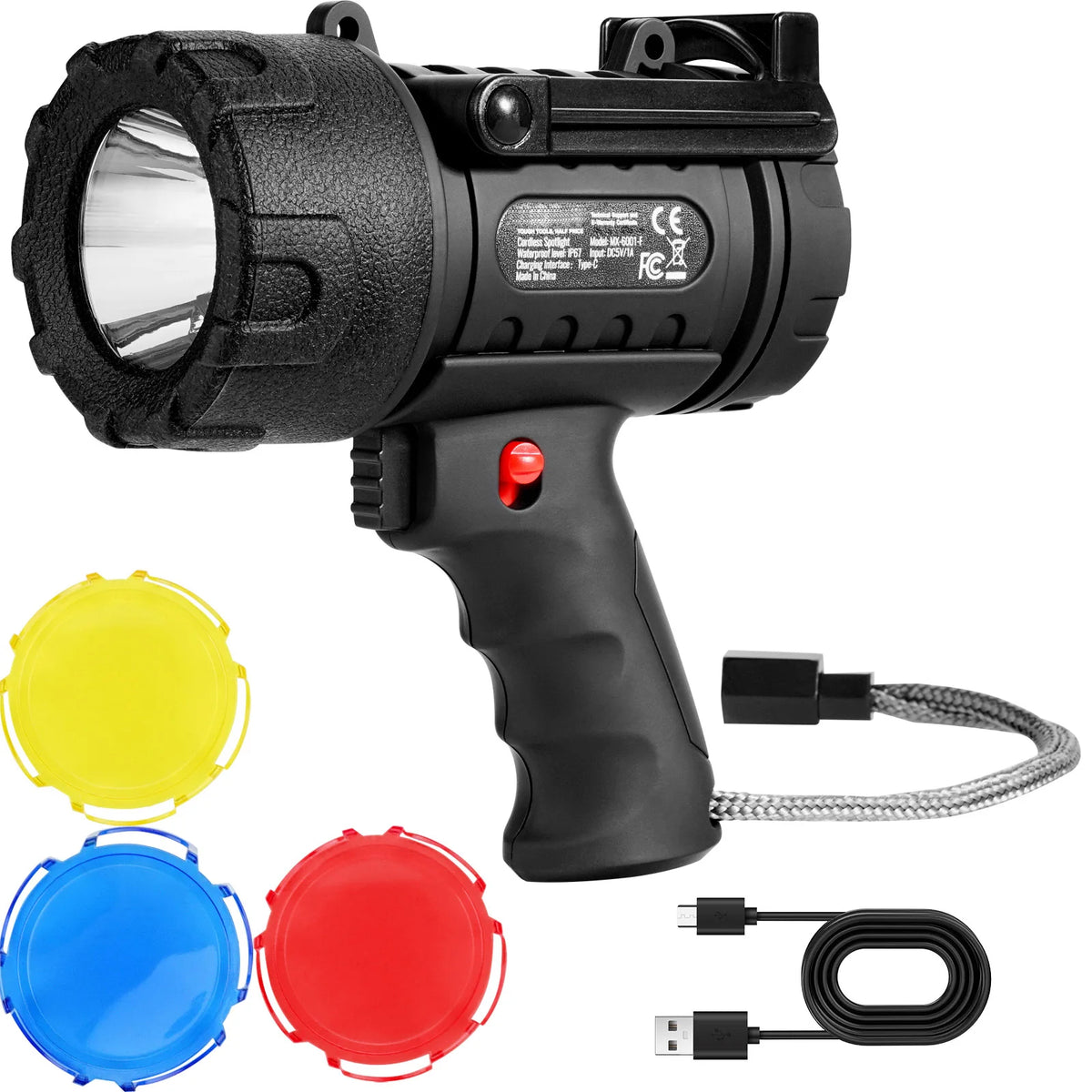 SucceBuy Rechargeable Spotlight Flashlight 200,000 Lumens Searchlight with 4 Modes Detachable Lens USB Port for Hunting Camping