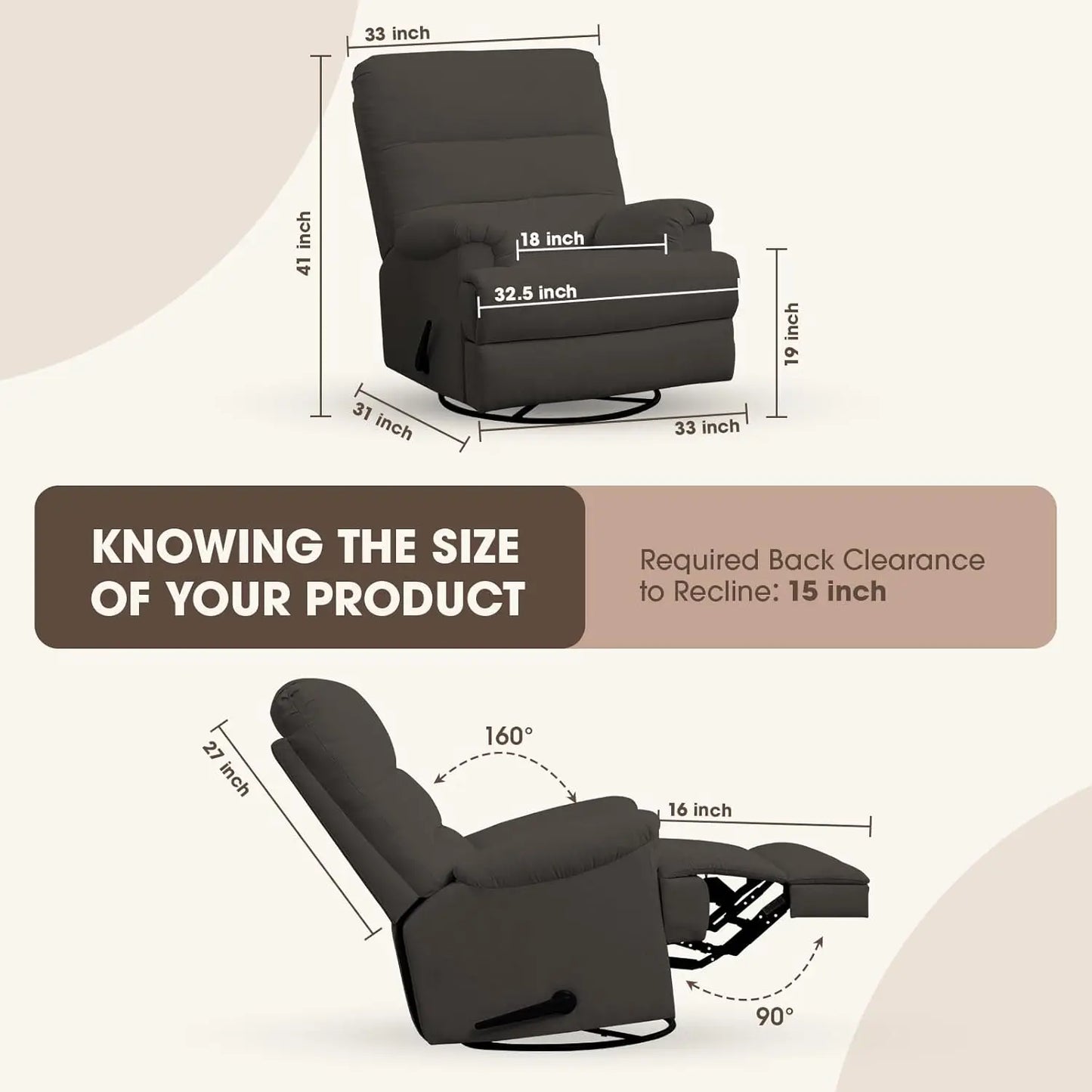 Dark Grey Glider Rocker Recliner,Swivel Rocking Recliner Chair,Glider Rocking Chair,Reclining Sofa Rocking Chair, Customized