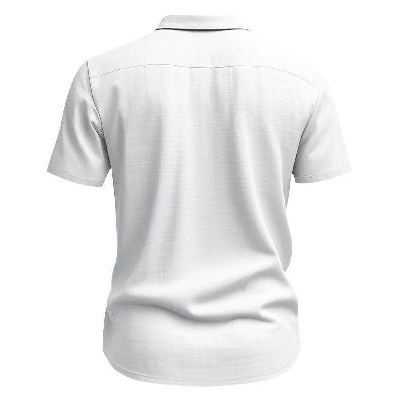 Men Slim Fit White Linen Short Sleeve Shirt Point Collar Chest Pocket Full Button Down Lightweight Textured Breathable Summer Business Casual Top