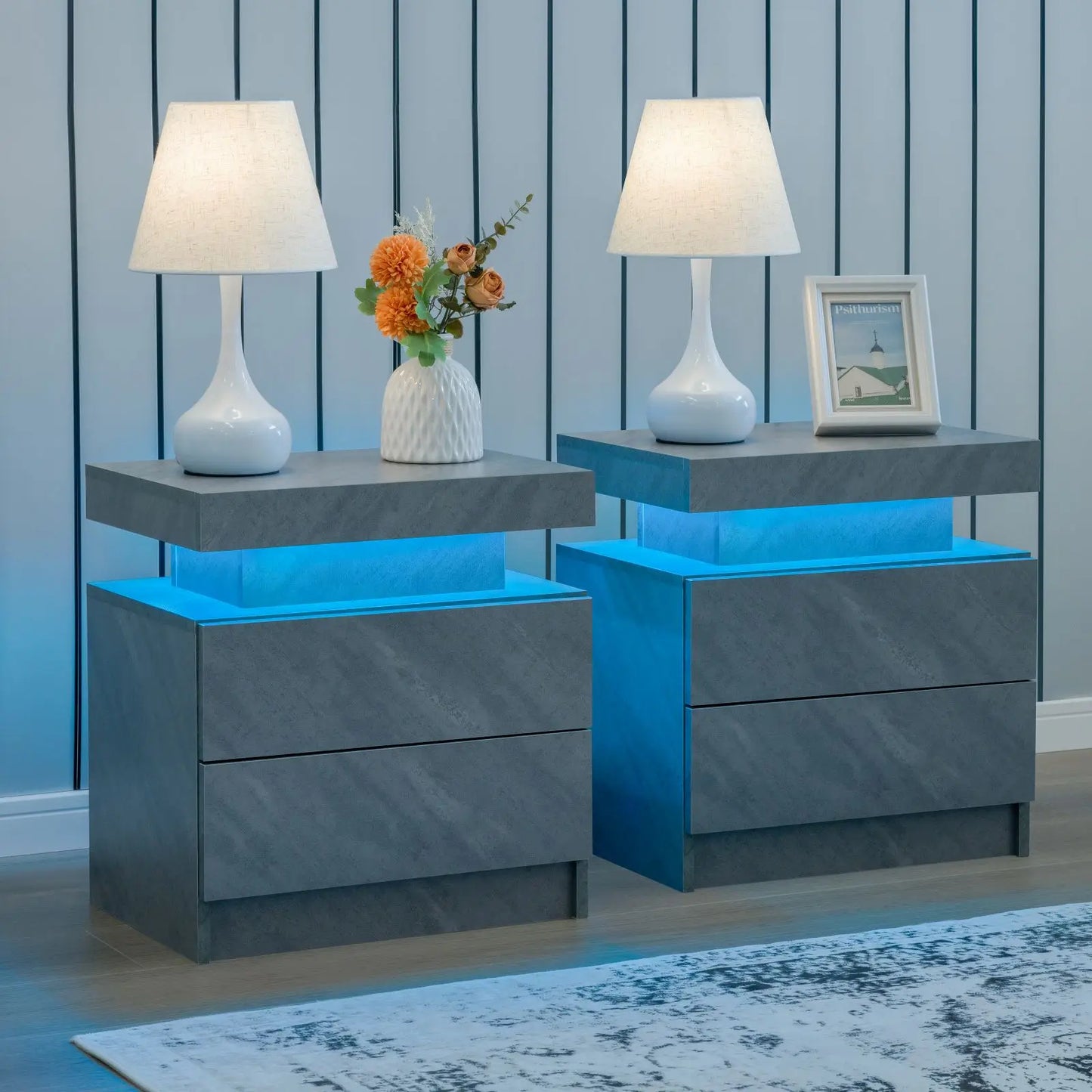 Cubehom Nightstand Set of 2 With LED Drawers Modern Bedside