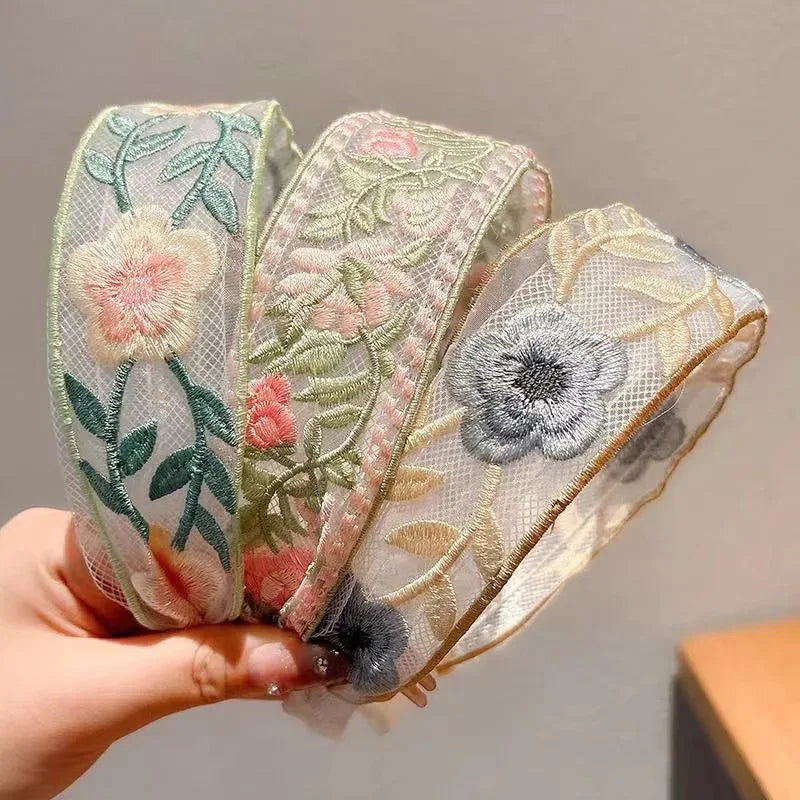 Three Pack Embroidered Floral Headbands Polyester Hair Accessories
