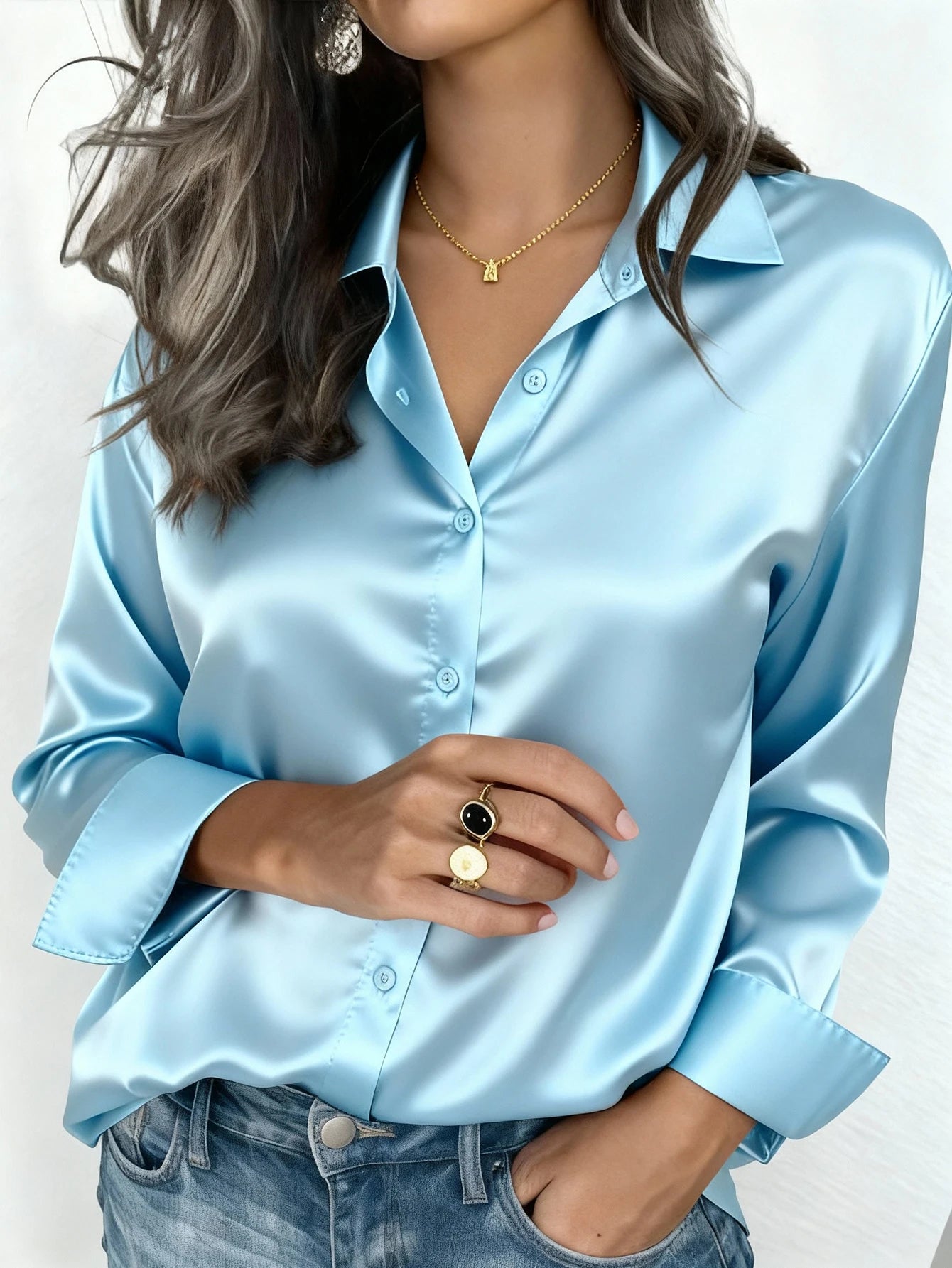 Womens Satin Button Up Blouse Office Or Casual Wear
