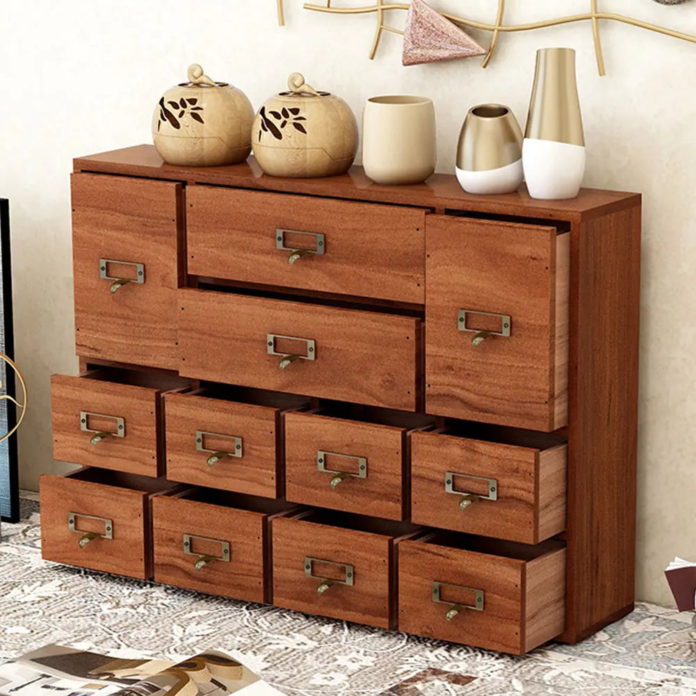 Wooden Apothecary Cabinet With Label Slots And Metal Handles
