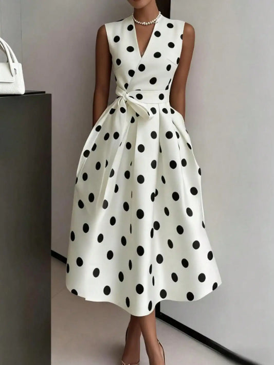 Elegant White Polka Dot Wrap Dress with Belted Waist and A-Line Skirt