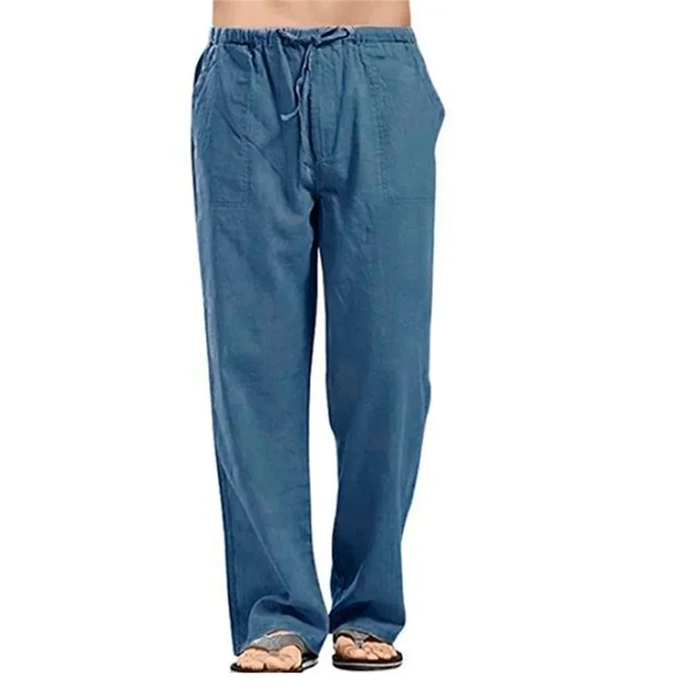 Mens Cotton Linen Pants Summer Breathable Trousers With Elastic Waist