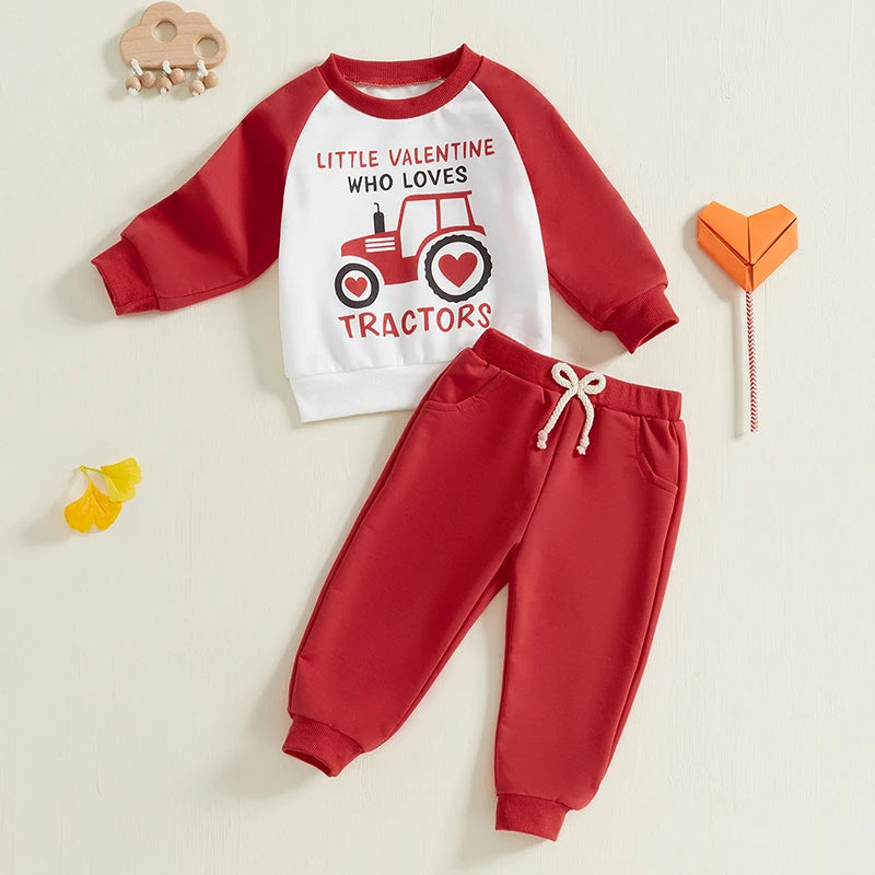 Toddler Boy Valentine s Day Outfit Tractor Graphic Long Sleeve Sweatshirt and Elastic Waist Jogger Pants Set for Baby Boy