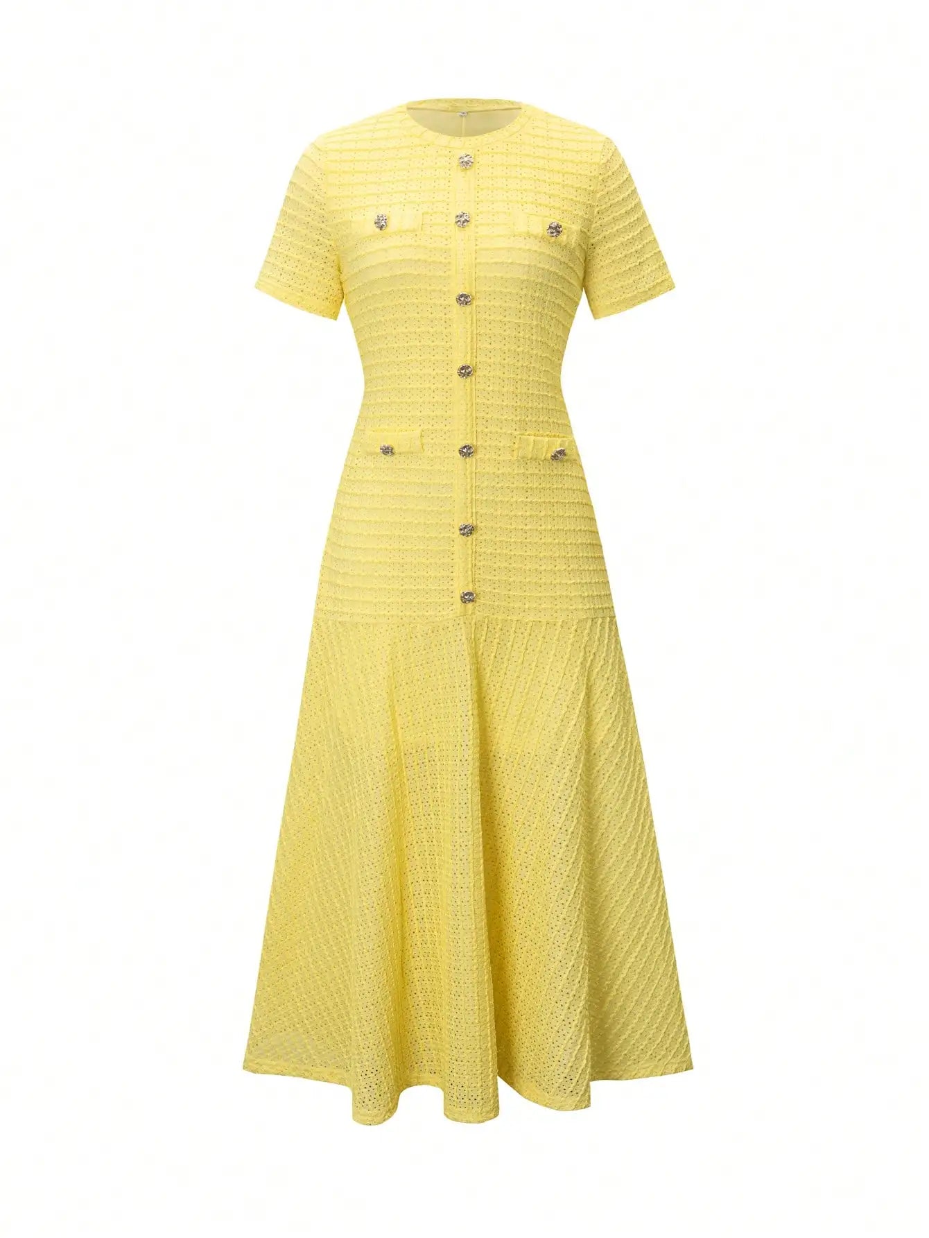 Textured Knit Dress With Front Buttons And Faux Pockets