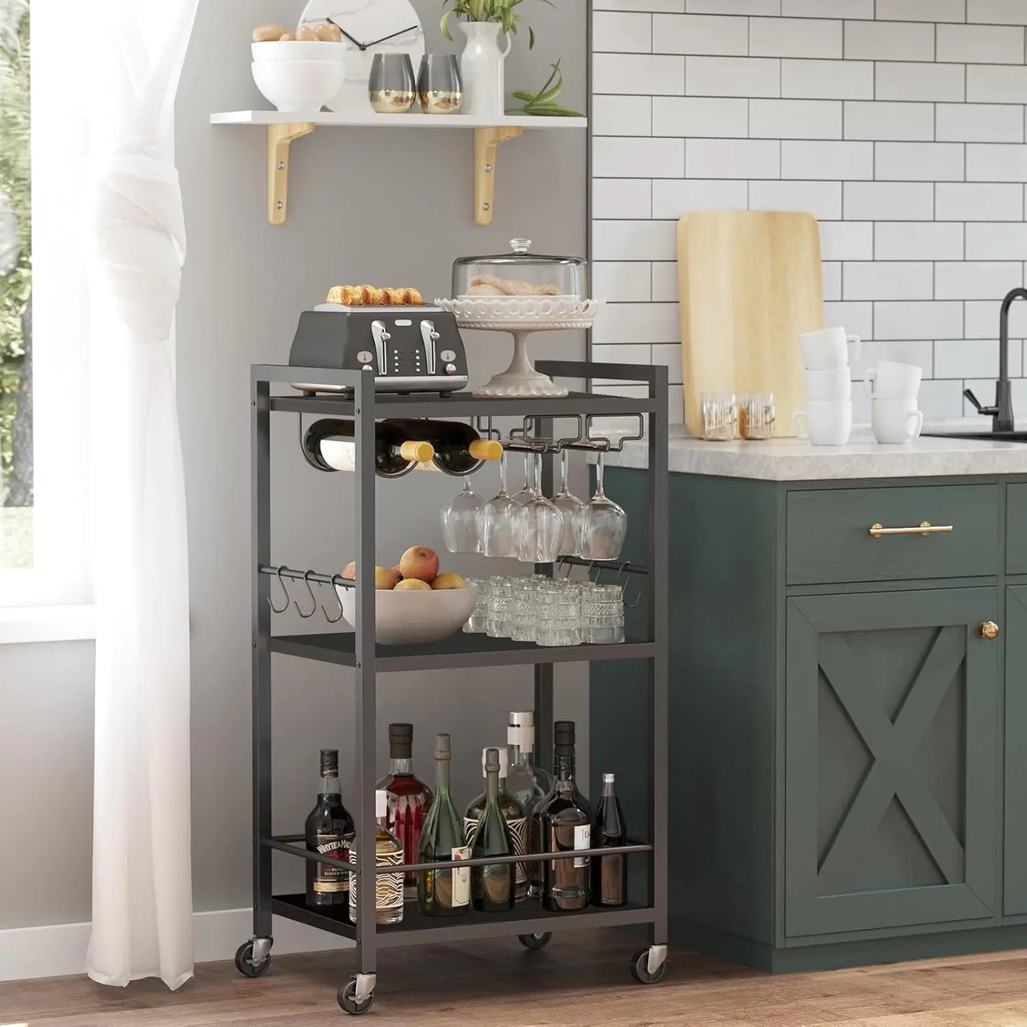 Home Bar Serving Cart With Wine Rack And Glass Holders