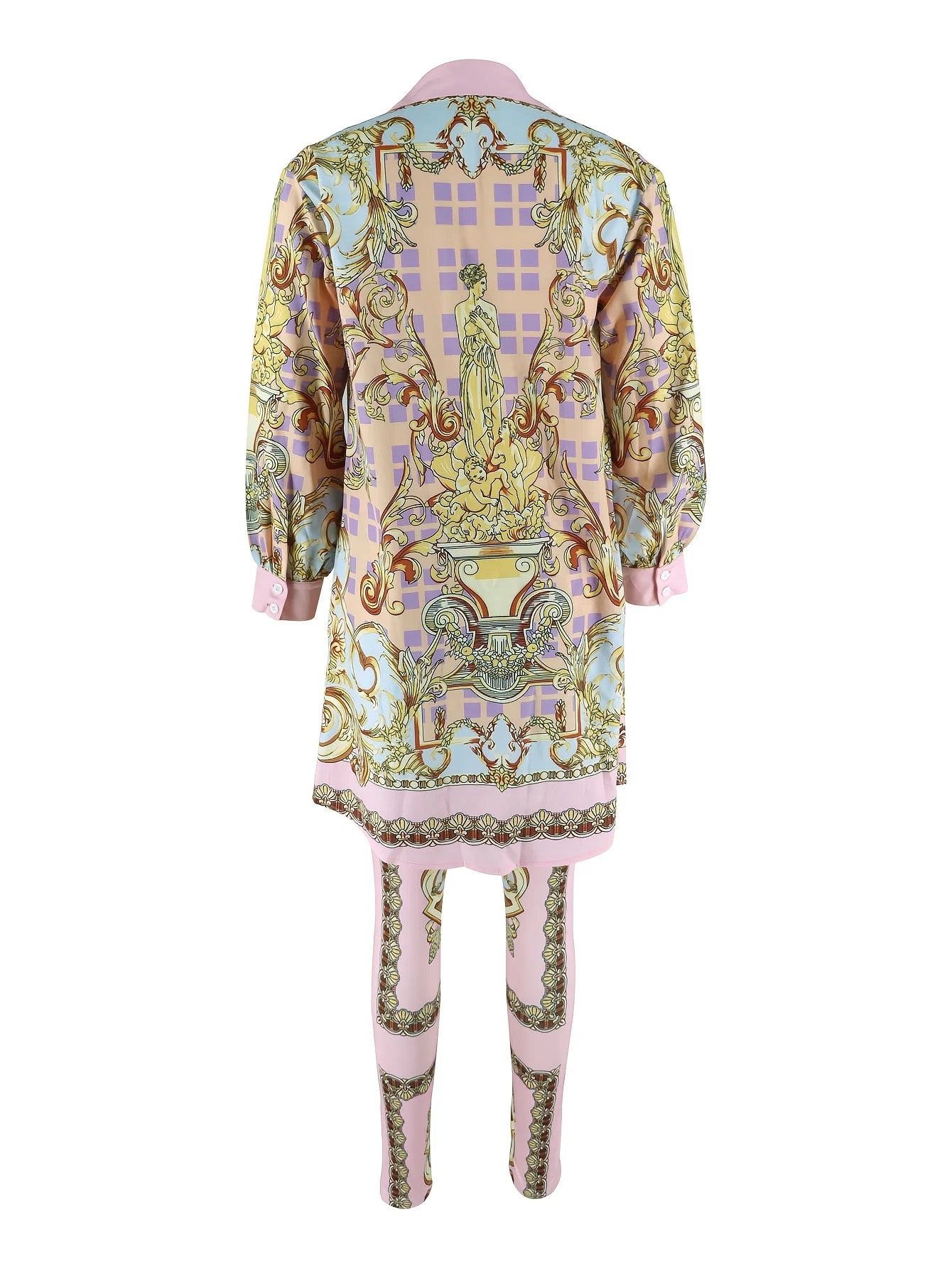 Women Two Piece Ornate Print Shirt Top And Pants Set