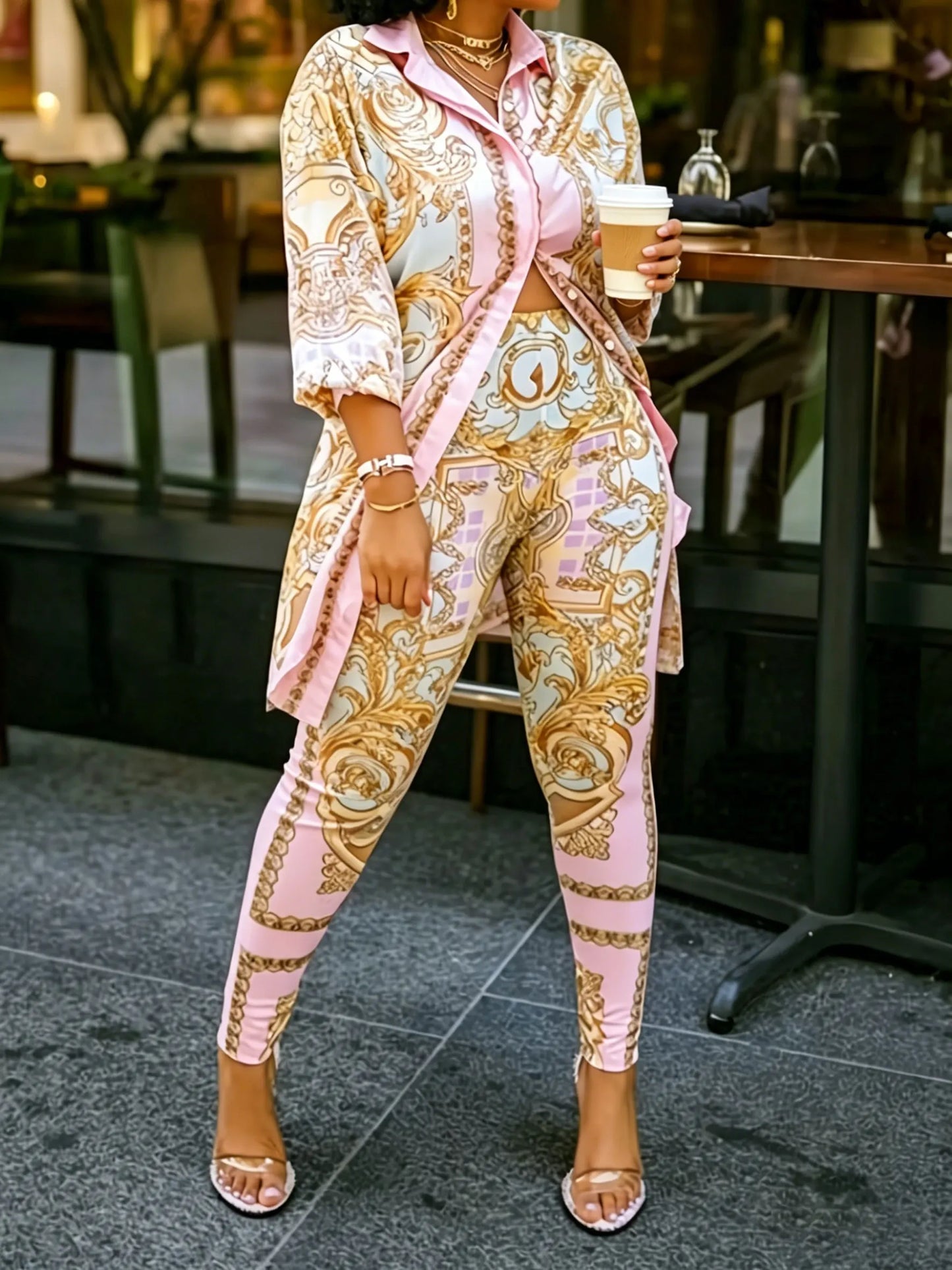 Women Two Piece Ornate Print Shirt Top And Pants Set