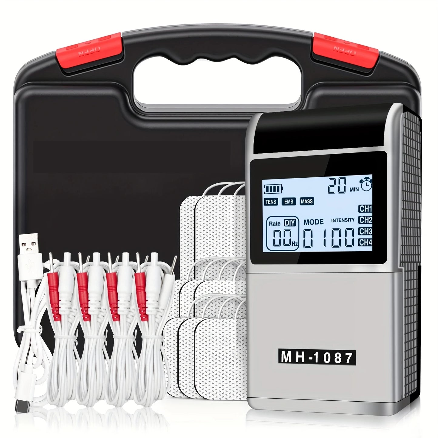 TENS EMS Rechargeable TENS Digital Device and Accessories, 20 Levels of Intensity, 48 Modes, 8 Electrode Pads, with a Carry Case