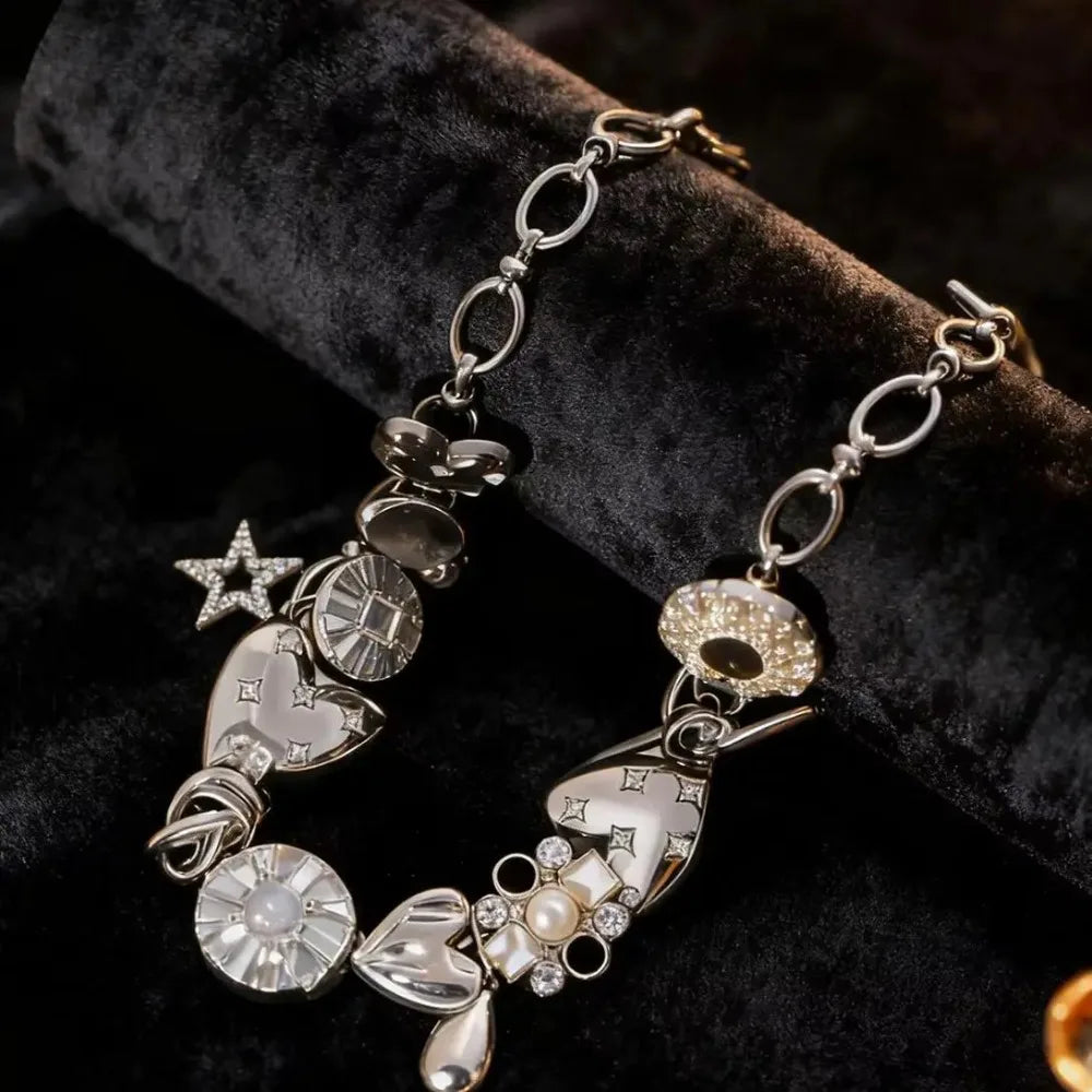 1pc Vintage Punk Rock Vibe Metal Love Flower Star Pendant Necklace Chain, Fashion Jewelry Accessory For Party & Music Festival