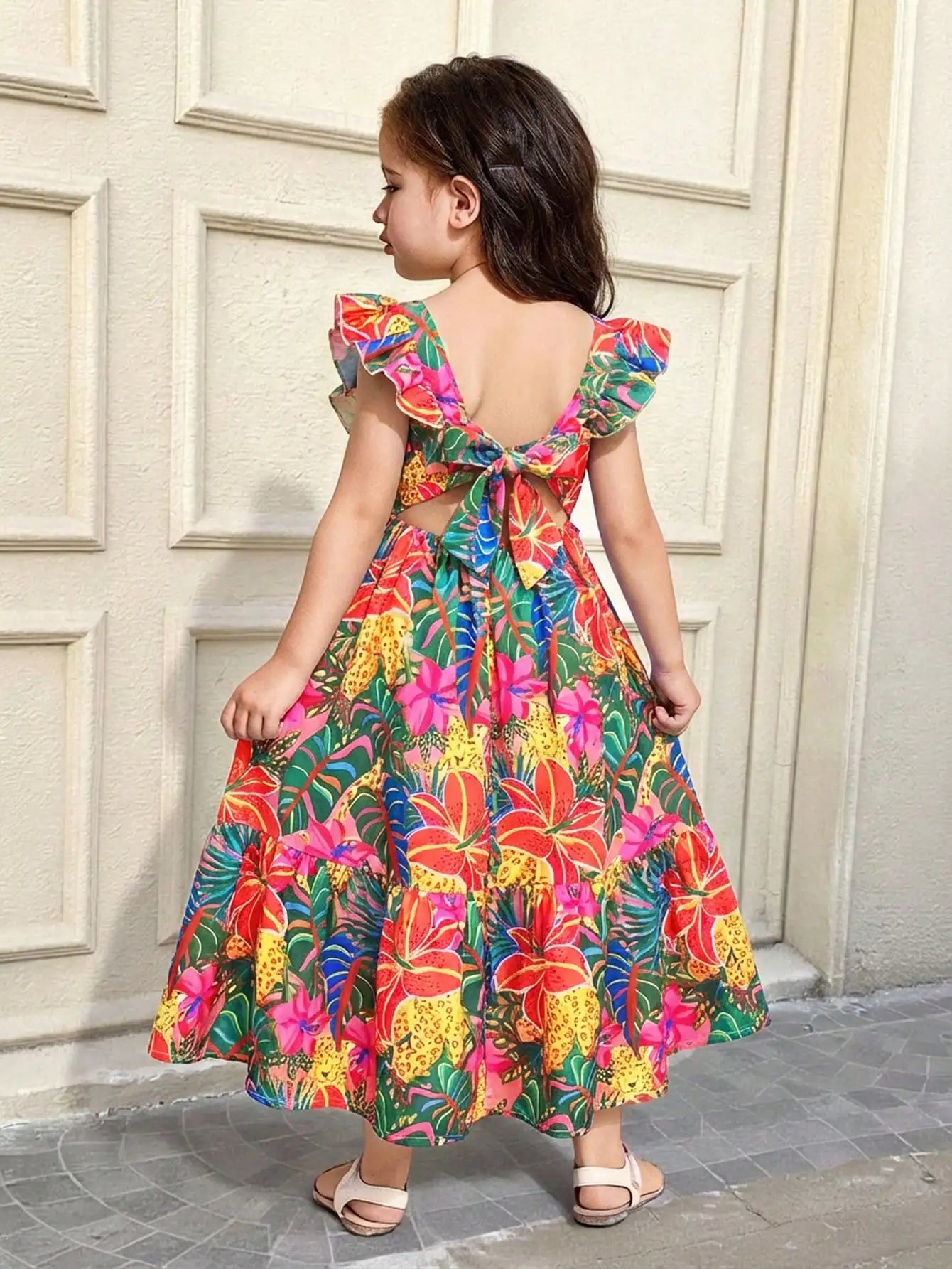 Girls Floral Print Ruffle Sleeve Bow Back Cutout Maxi Dress