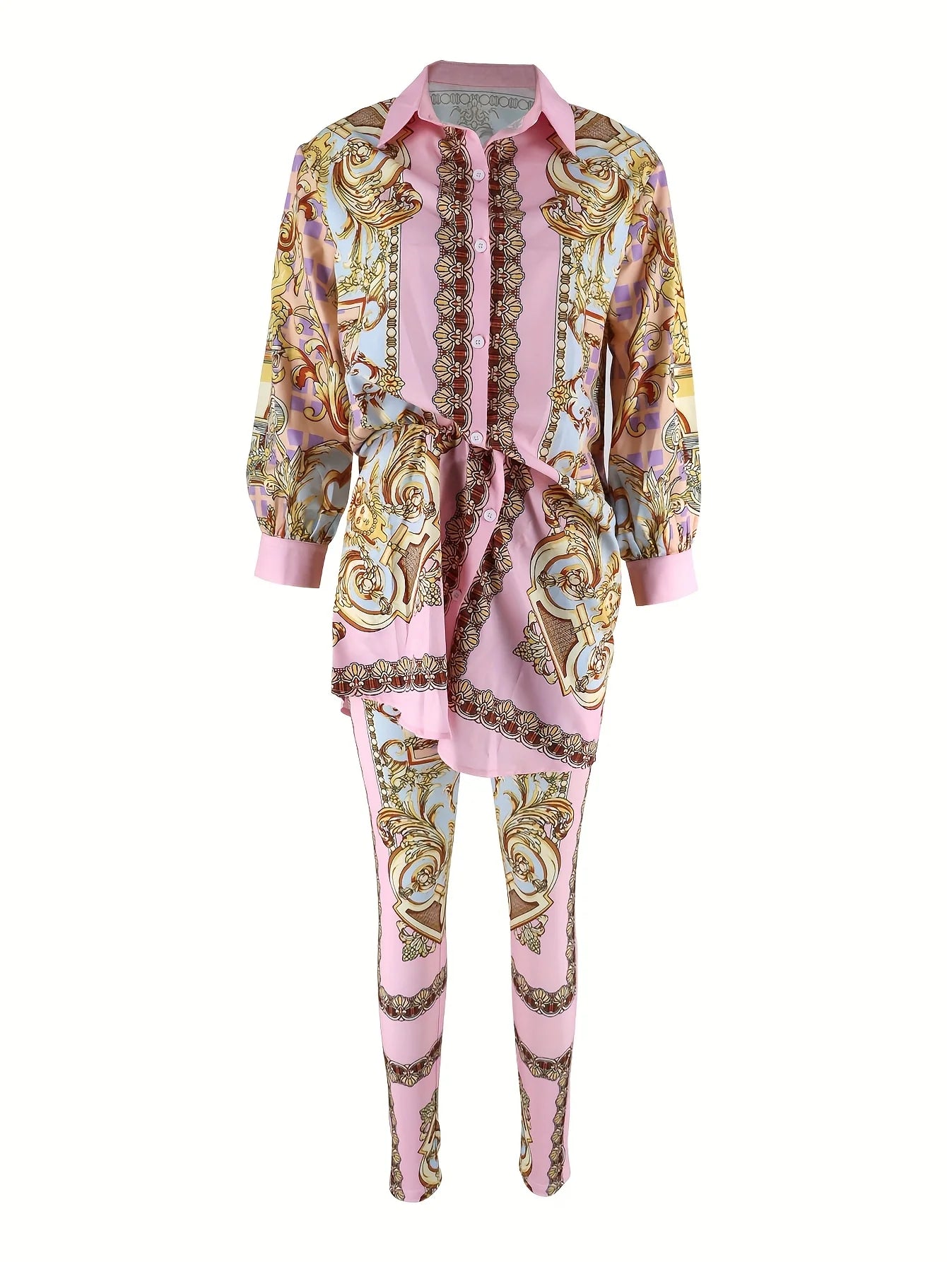 Women Two Piece Ornate Print Shirt Top And Pants Set