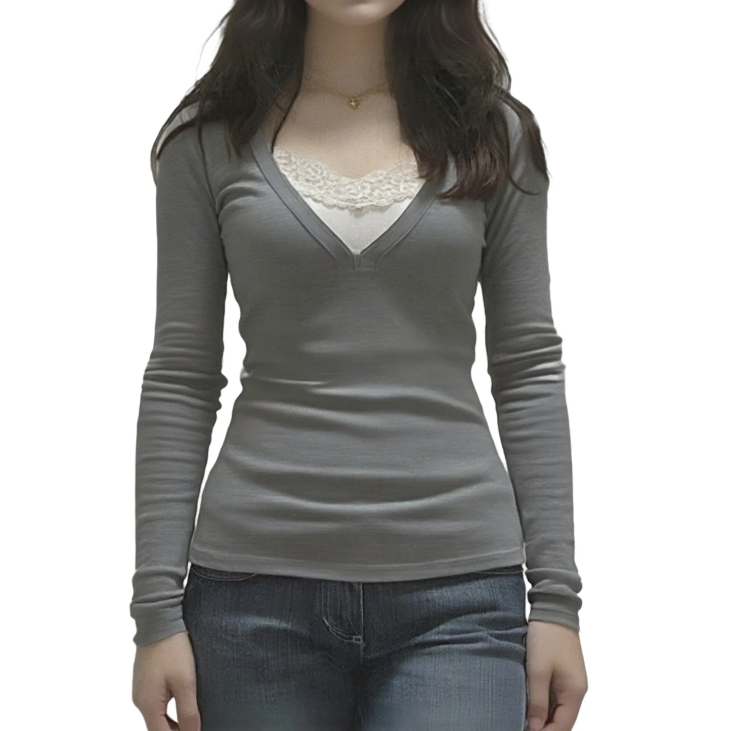 Women s Stylish V Neck Lace Patchwork  Fit Long Sleeve Pullover Top for Fall Fashion Statement