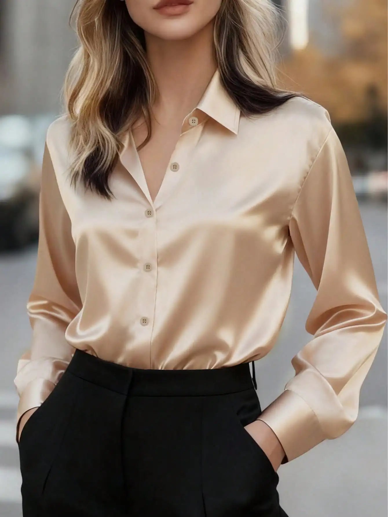 Womens Satin Button Up Blouse Office Or Casual Wear