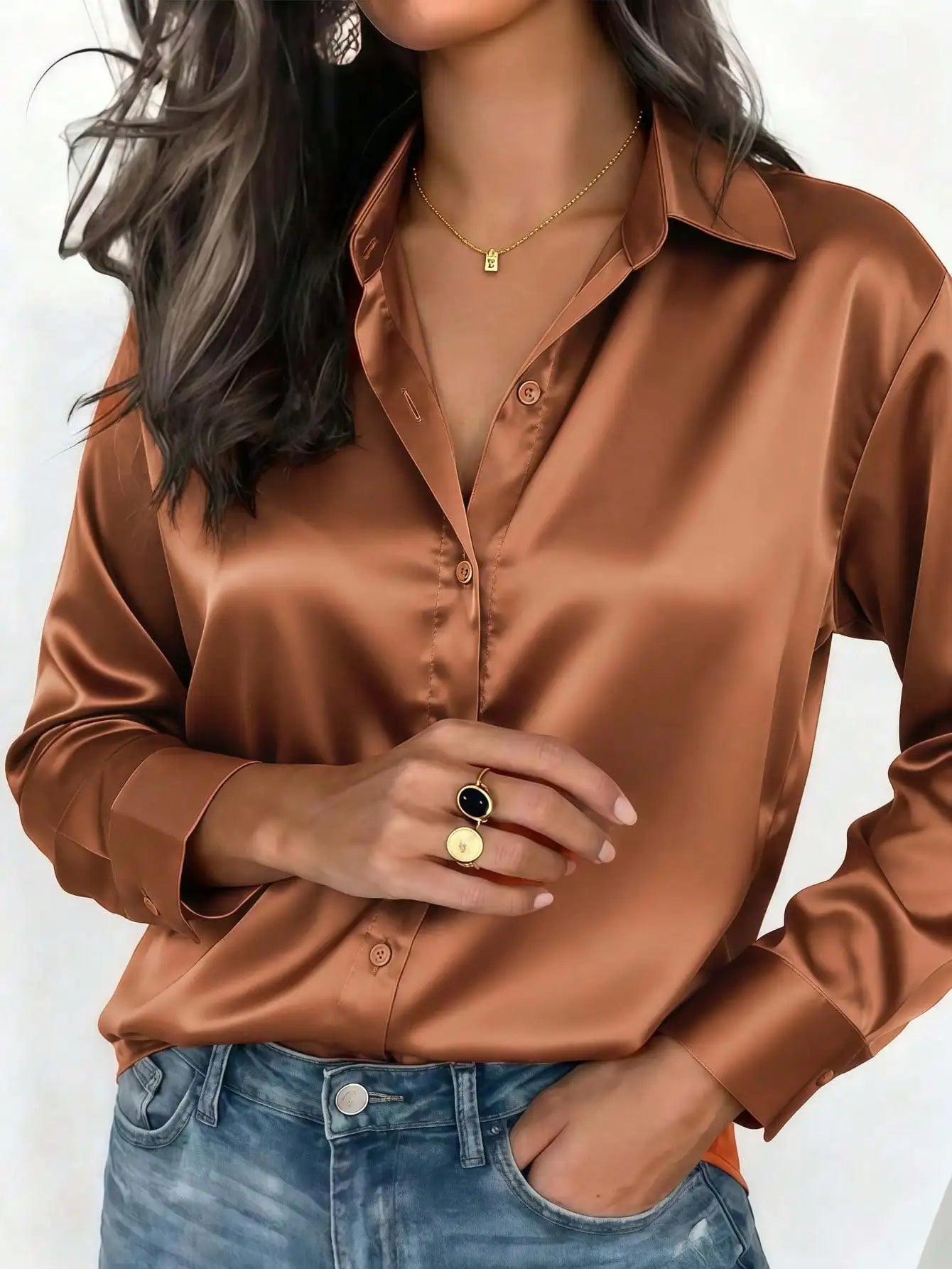 Womens Satin Button Up Blouse Office Or Casual Wear