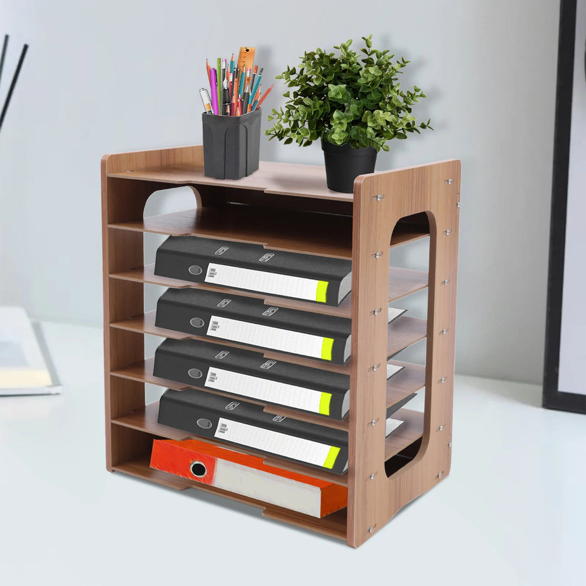 Wooden Desktop Paper Organizer With Seven Tier File Holder and Letter Tray