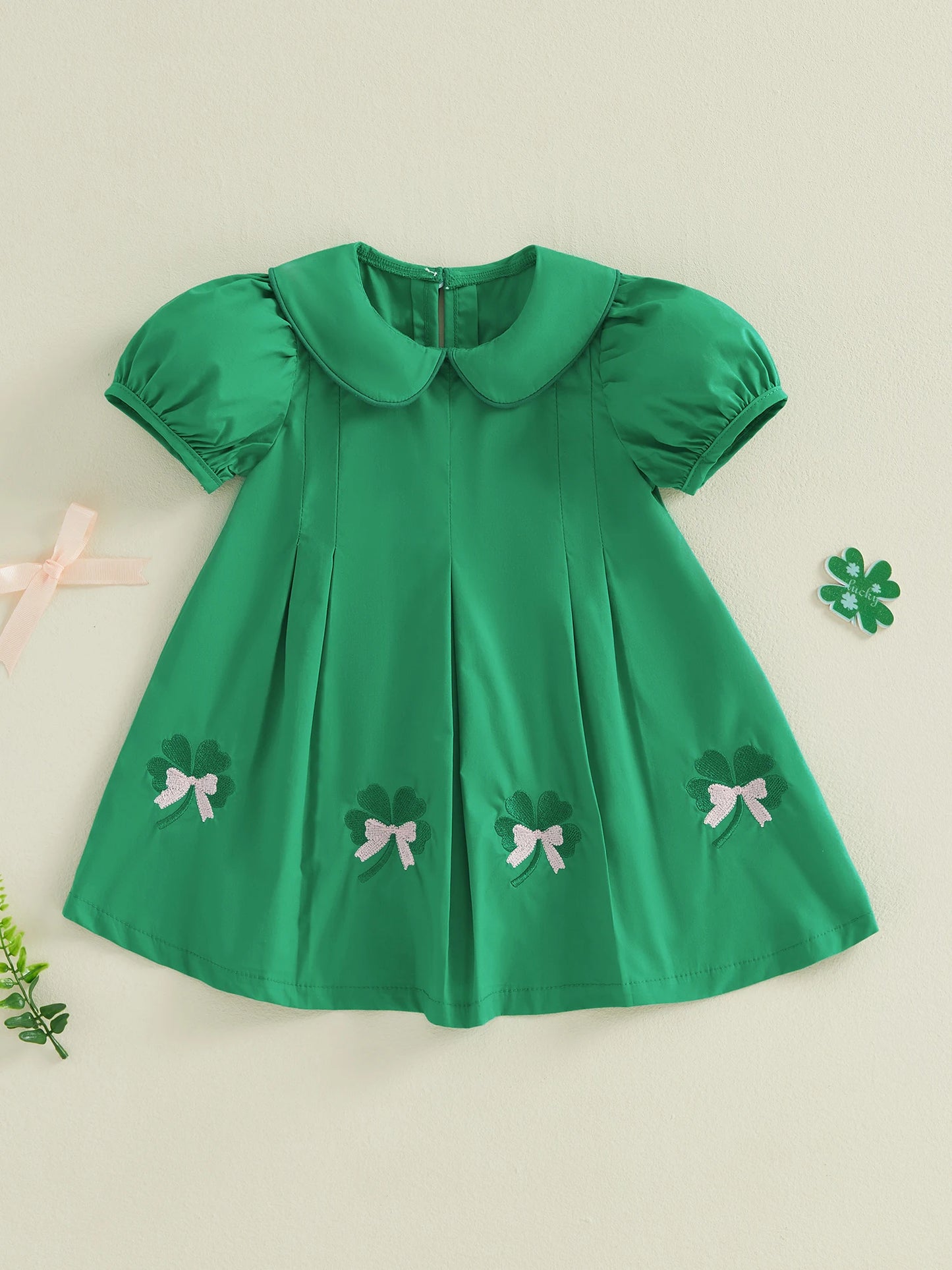 St Patrick's Day Toddler Girl Dress With Shamrock Embroidery