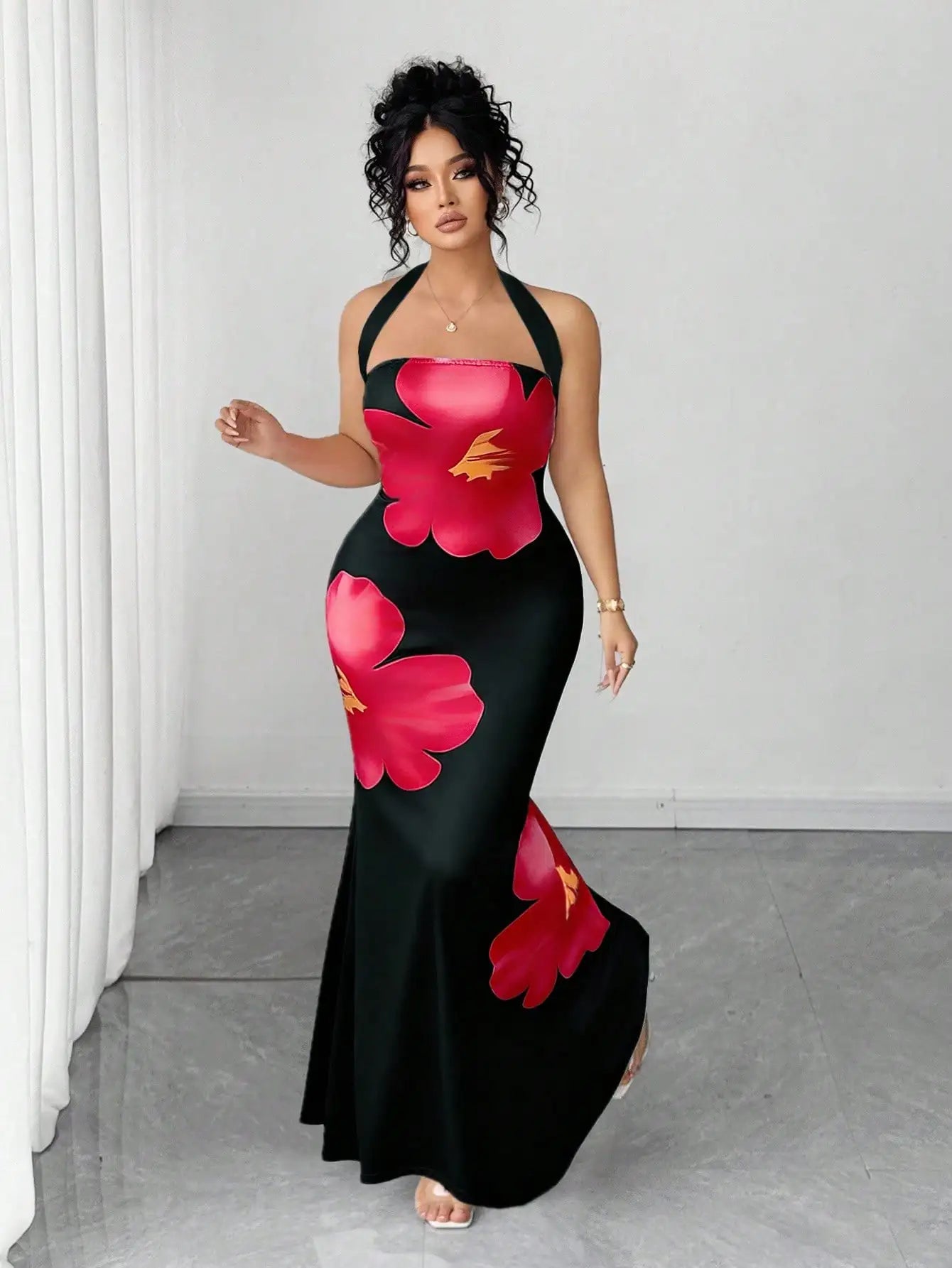 Plus Size Maxi Dress With Floral Print Halter Neck