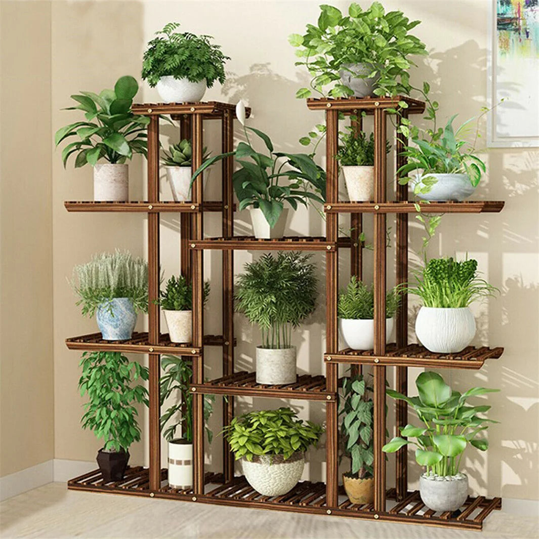 11 Tier Wood Plant Stand Carbonized Pot Display Shelf For Indoor Outdoor Decor