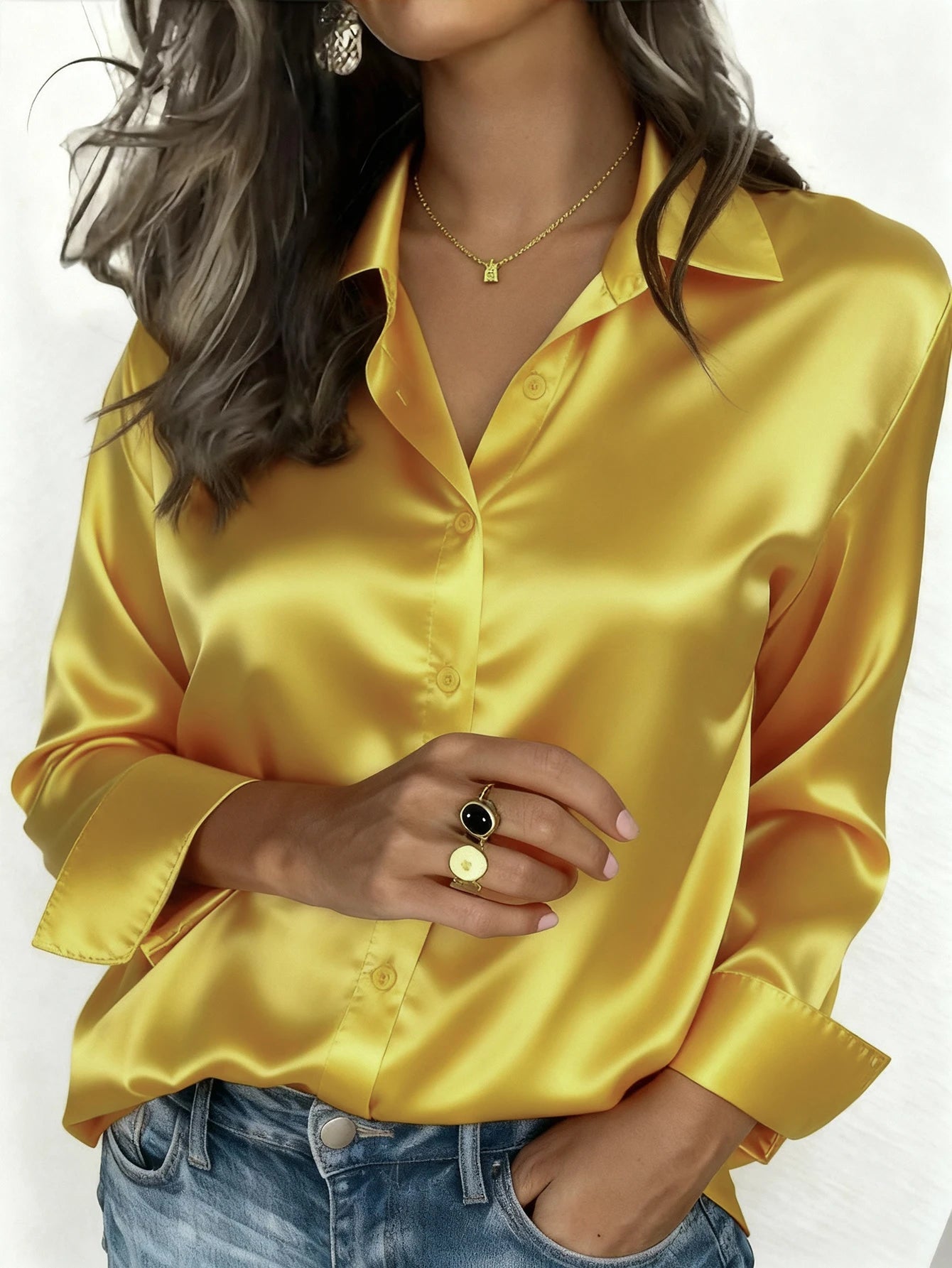 Womens Satin Button Up Blouse Office Or Casual Wear