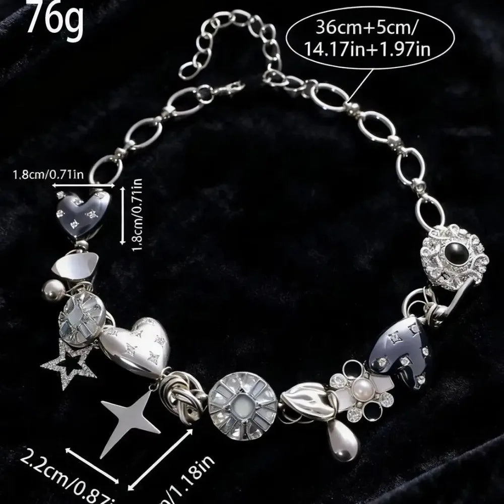 1pc Vintage Punk Rock Vibe Metal Love Flower Star Pendant Necklace Chain, Fashion Jewelry Accessory For Party & Music Festival