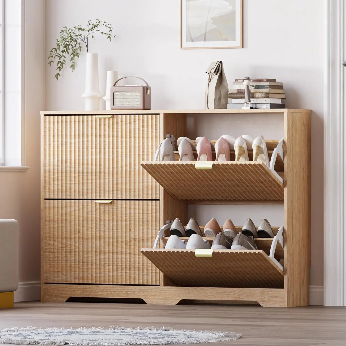 Shoe Cabinet For Entryway With Four Flip Drawers And Shelves