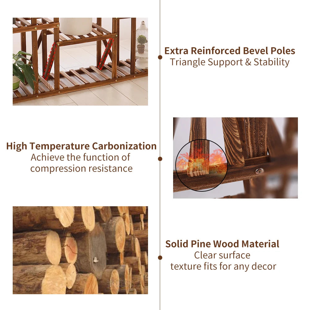 11 Tier Wood Plant Stand Carbonized Pot Display Shelf For Indoor Outdoor Decor