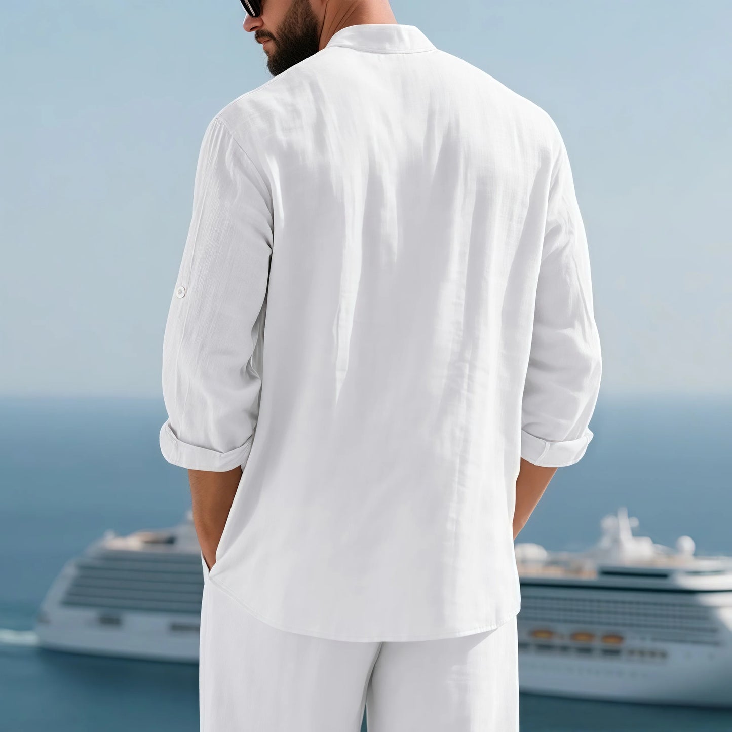 Men Linen Button Down Shirt With Mandarin Collar Long Sleeve Chest Pocket