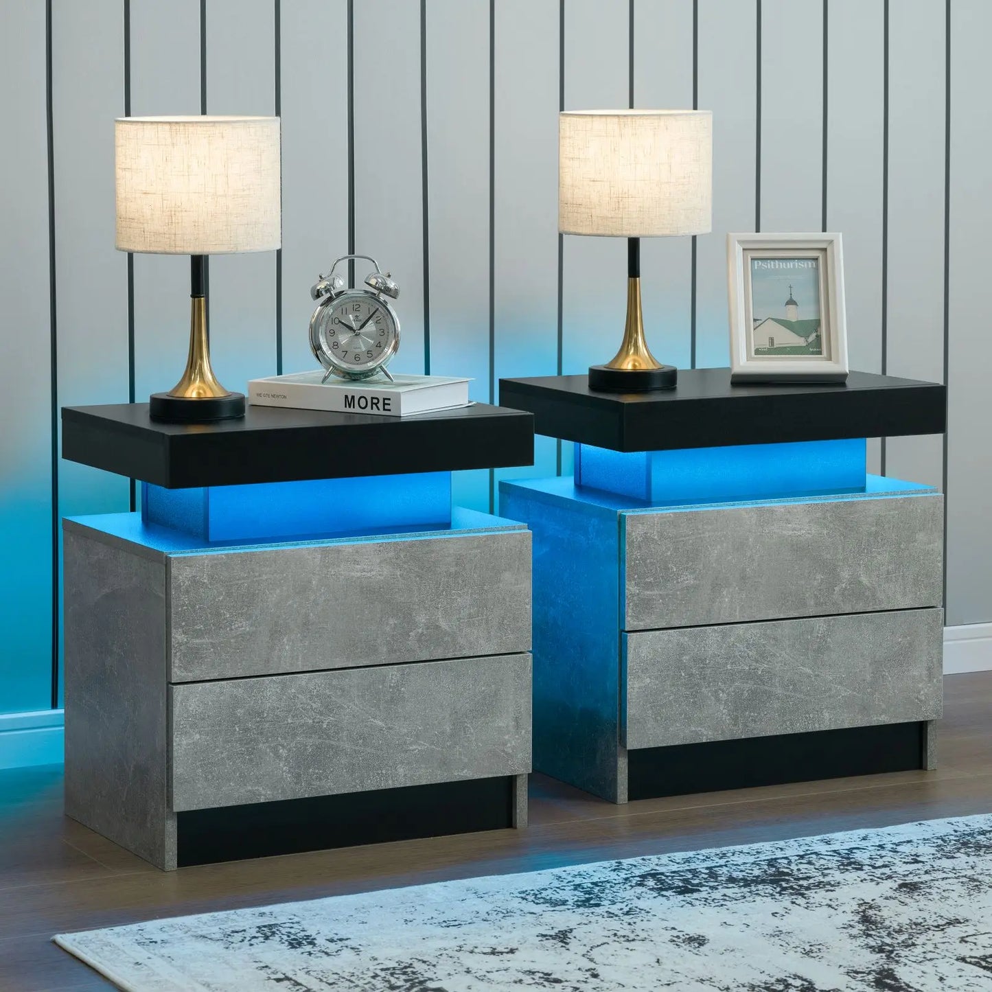 Cubehom Nightstand Set of 2 With LED Drawers Modern Bedside