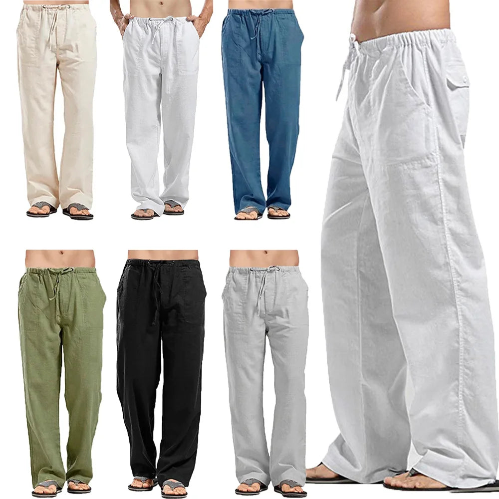 Mens Cotton Linen Pants Summer Breathable Trousers With Elastic Waist
