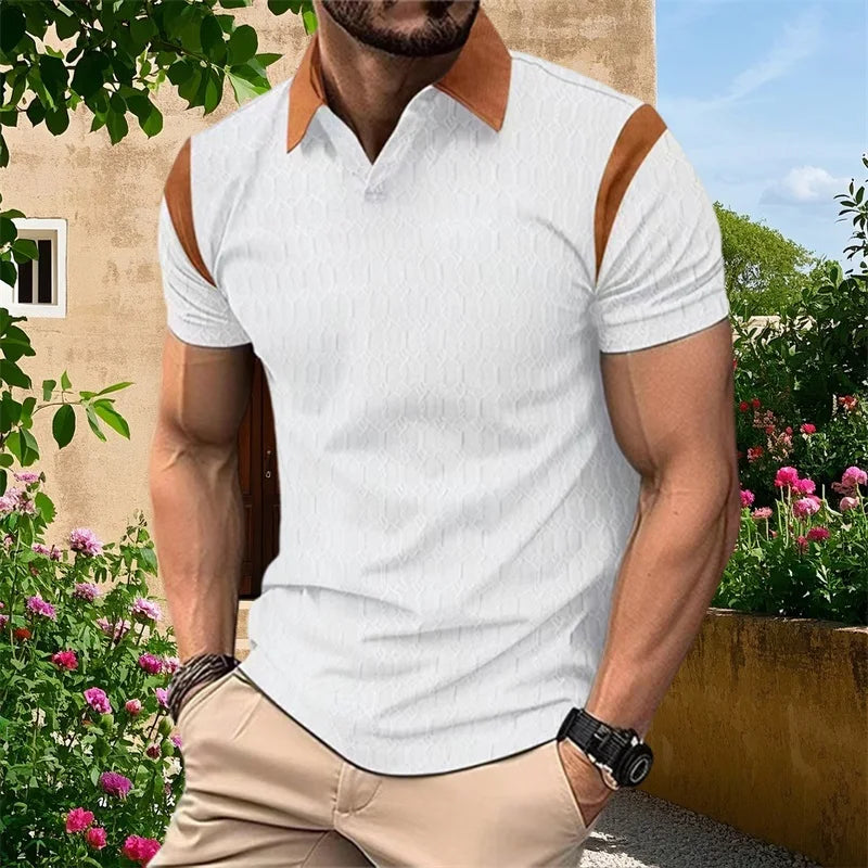 Men's Short Sleeve Jacquard Patchwork Tee With Turn-Down Collar