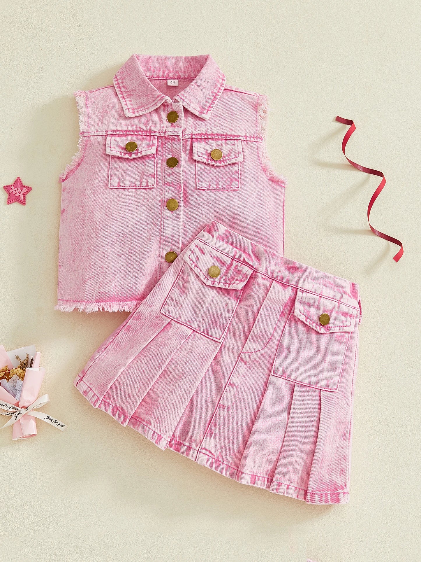 Infant Girl Denim Vest And Pleated Skirt 2 Piece Set