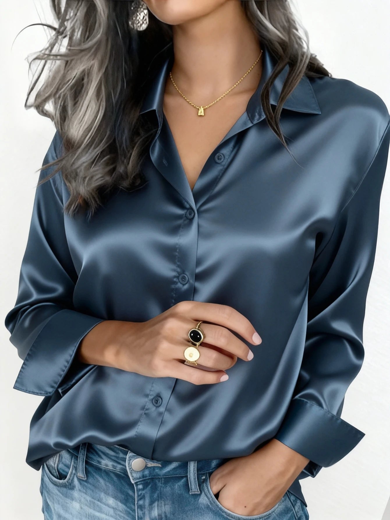 Womens Satin Button Up Blouse Office Or Casual Wear