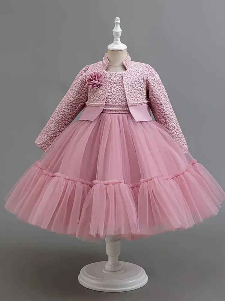 NONECN Girls Dress Set Floral Lace Coat Outfit for Princess