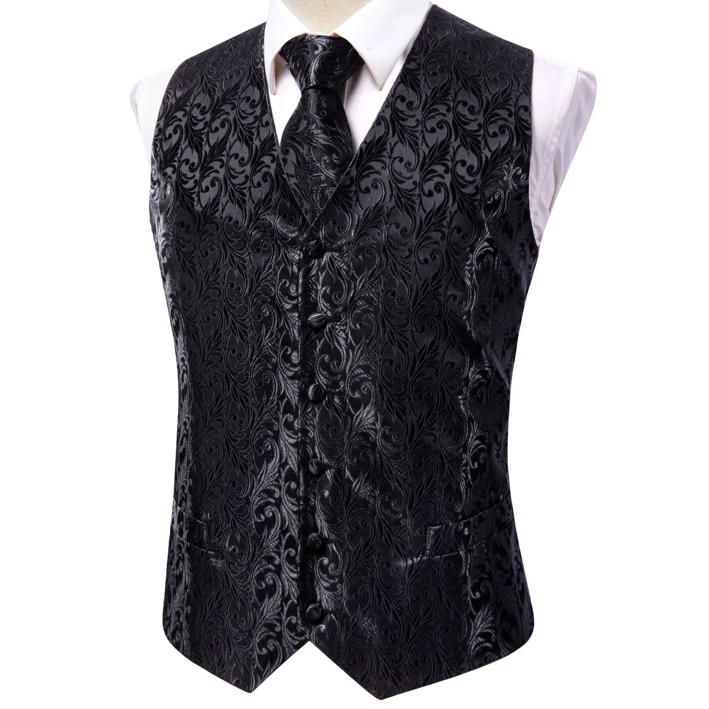 Men's Black Dress Vest Set with Tie Pocket Square Cufflinks - Jacquard Formal Tuxedo Waistcoat Suit Wedding Business Party