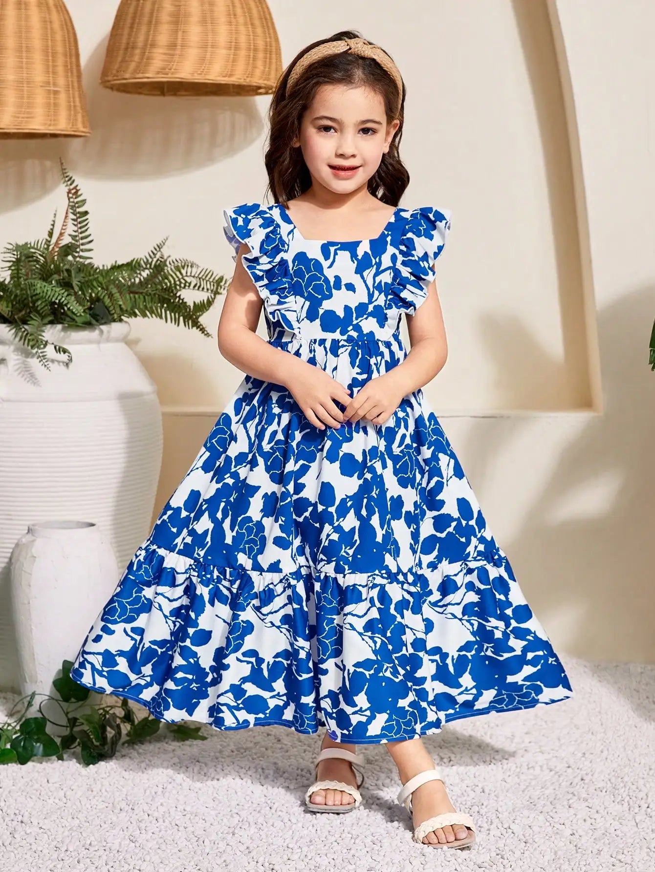 Girls Floral Print Ruffle Sleeve Bow Back Cutout Maxi Dress