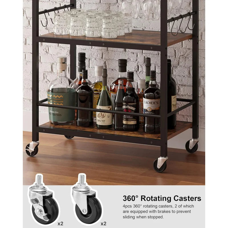 Home Bar Serving Cart With Wine Rack And Glass Holders