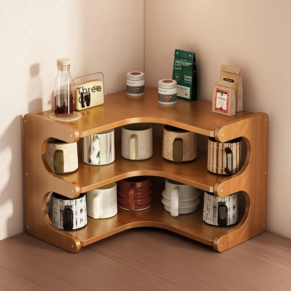 Three-Tier Bamboo Corner Desk Shelf Wall Mounted Organizer