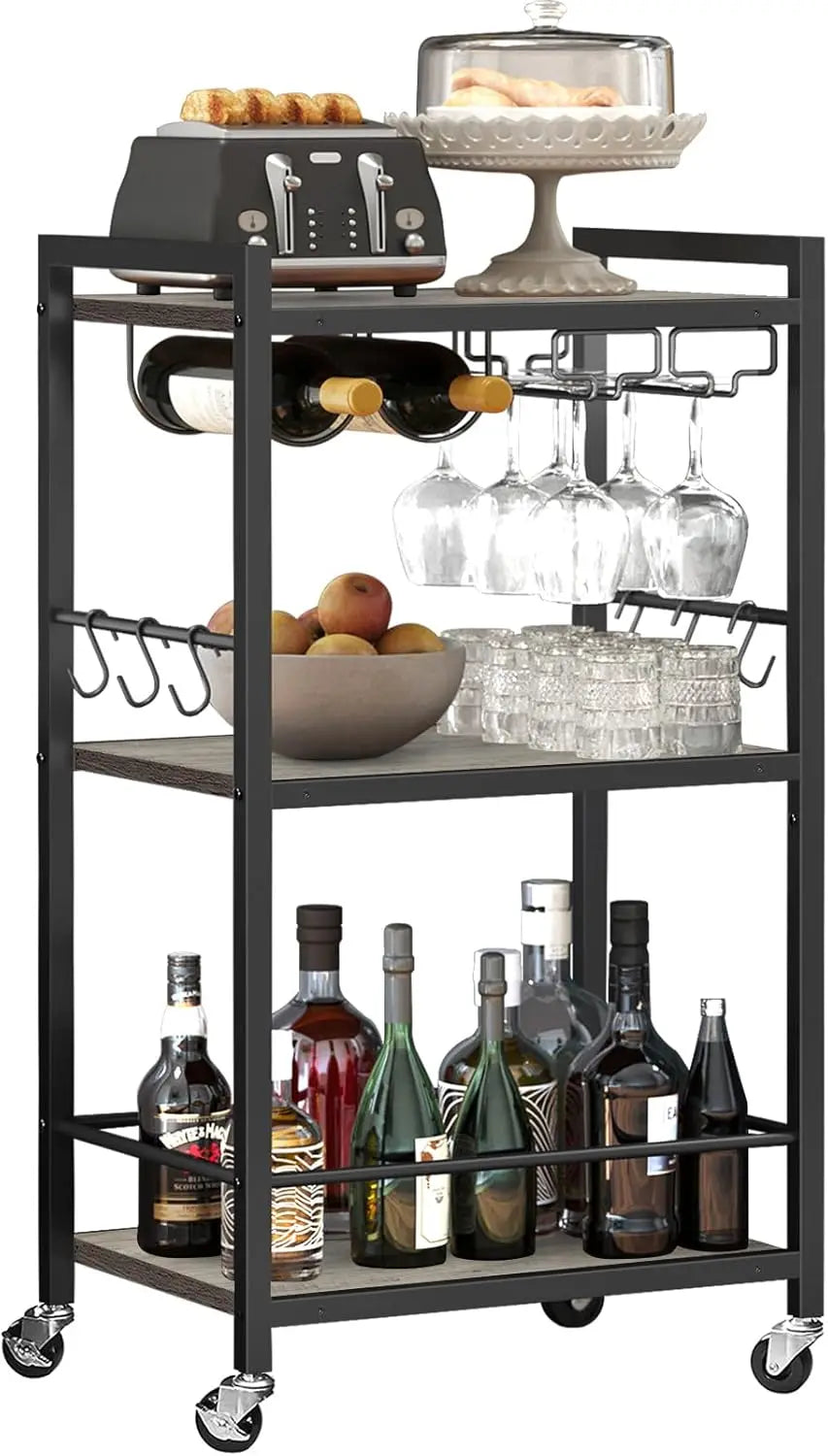 Home Bar Serving Cart With Wine Rack And Glass Holders