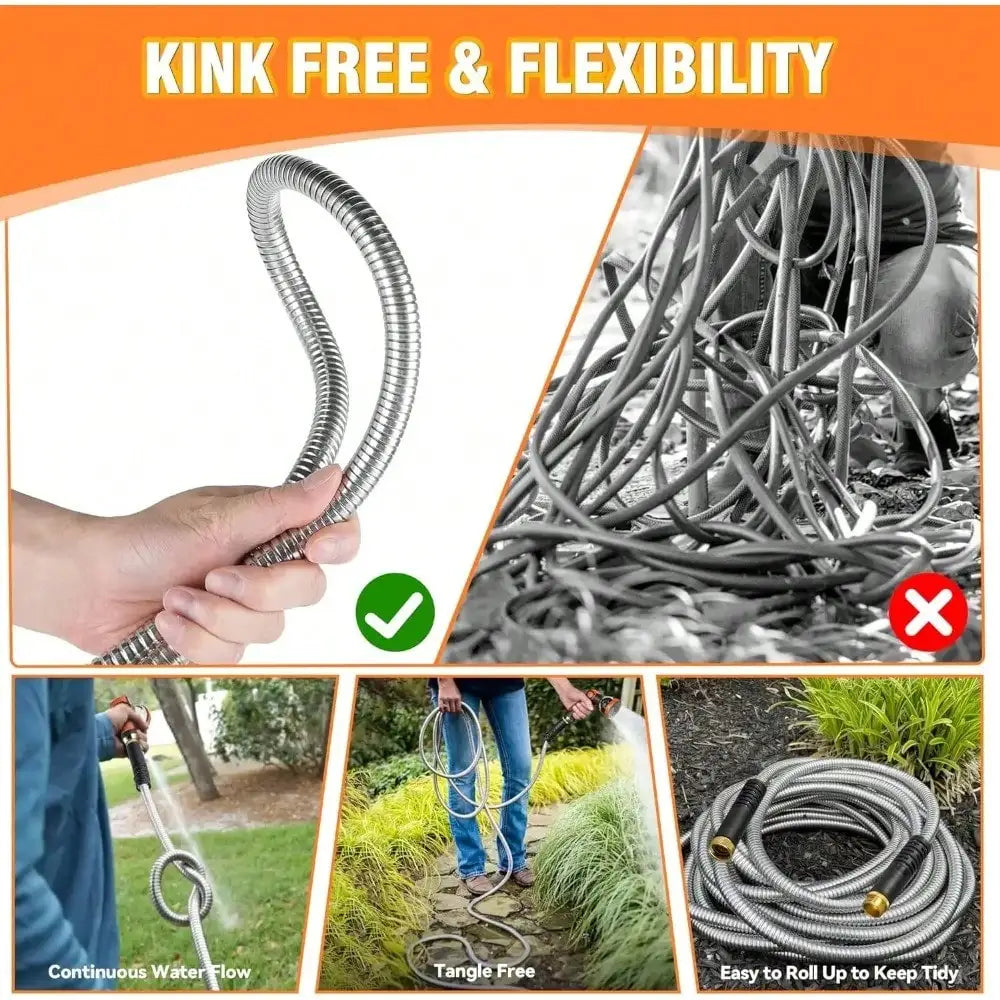 Garden Hose 50/100FT Stainless Steel Water Hose Spray Nozzle Heavy-Duty Metal Garden Hose Flexible