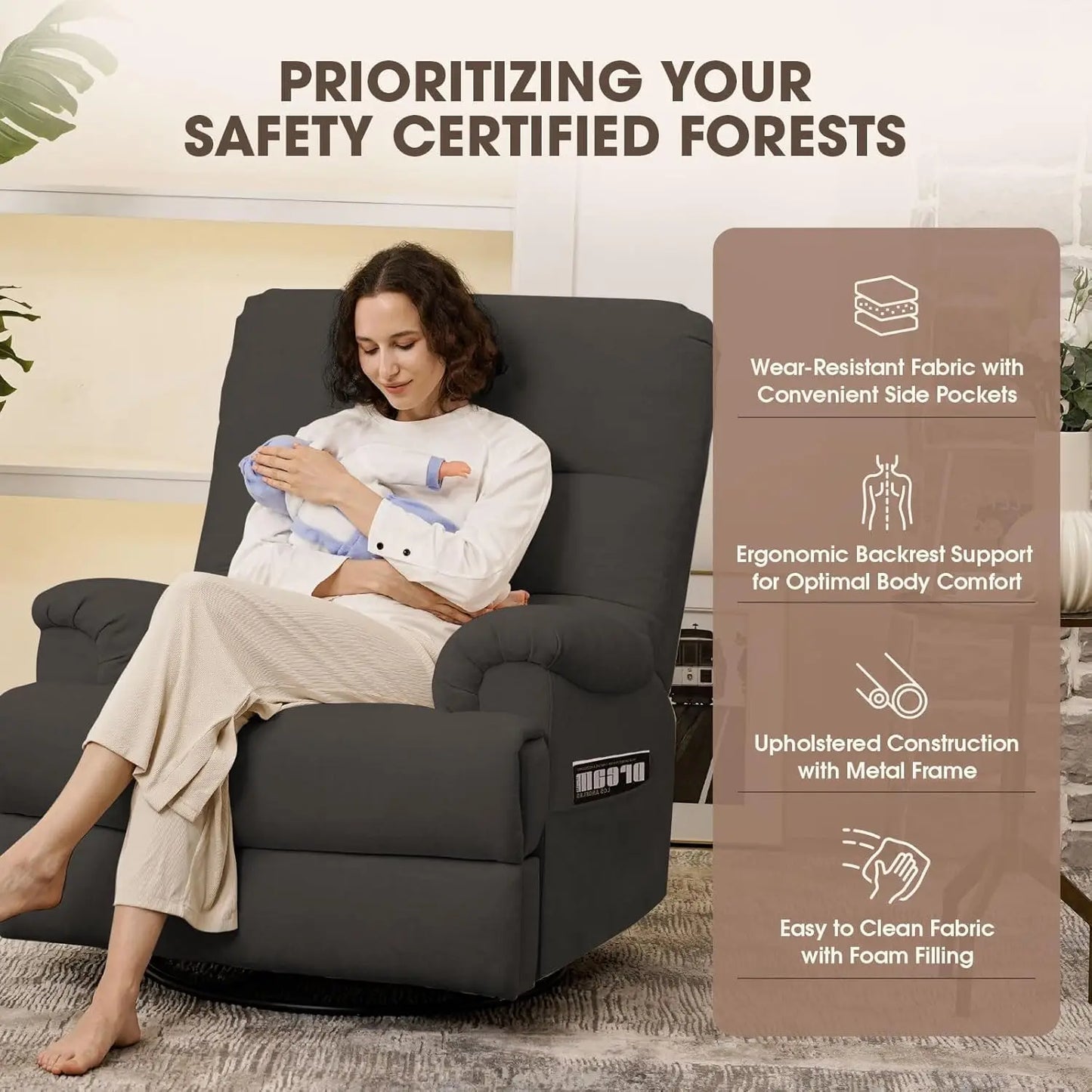 Dark Grey Glider Rocker Recliner,Swivel Rocking Recliner Chair,Glider Rocking Chair,Reclining Sofa Rocking Chair, Customized