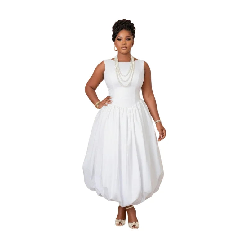 Elegant Women Sleeveless Round Neck Midi Dress With Bubble Hem