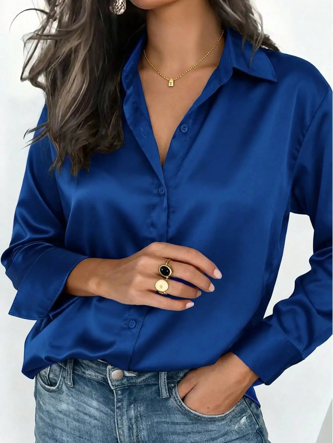 Womens Satin Button Up Blouse Office Or Casual Wear