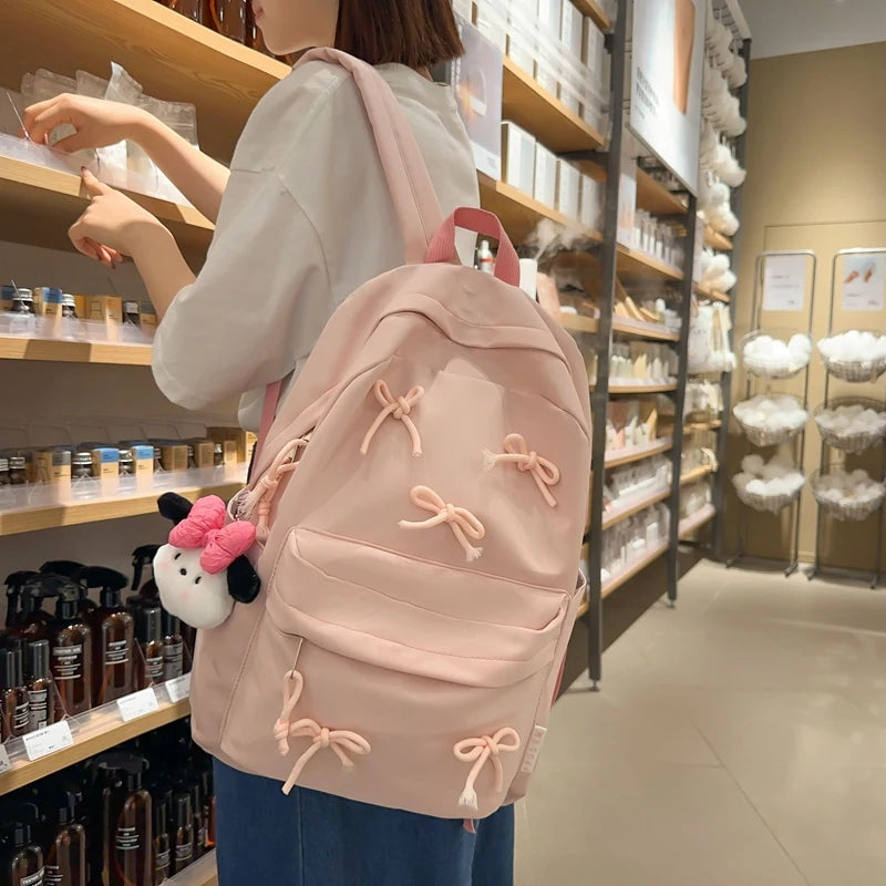 Fashion Bow Backpack Middle Shool Girls Backpack Multi-pockets Teenagers School Bag with Pendants Daily Knapsack Travel Backpack