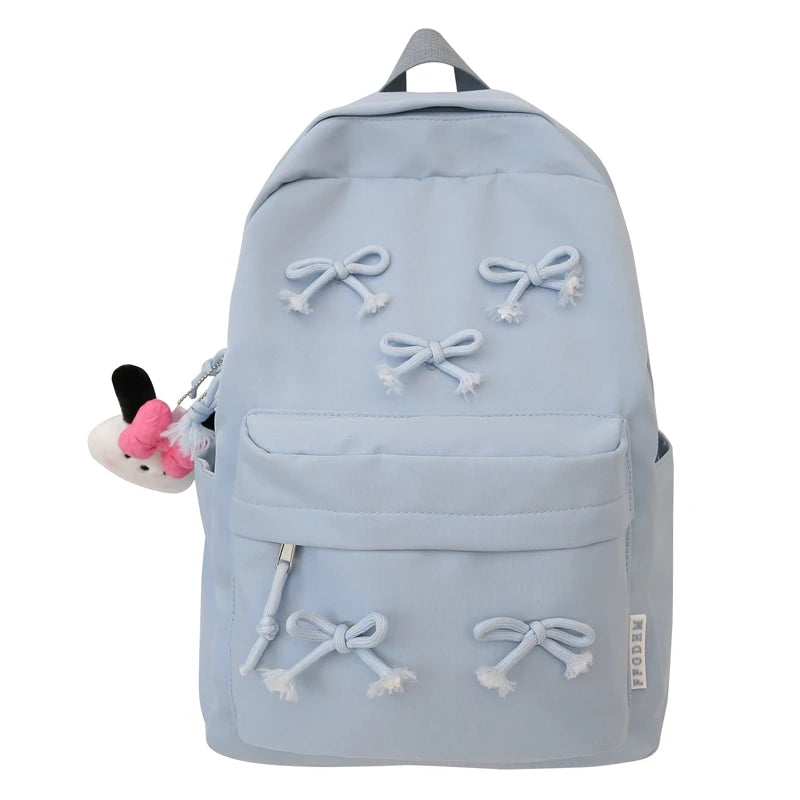 Fashion Bow Backpack Middle Shool Girls Backpack Multi-pockets Teenagers School Bag with Pendants Daily Knapsack Travel Backpack
