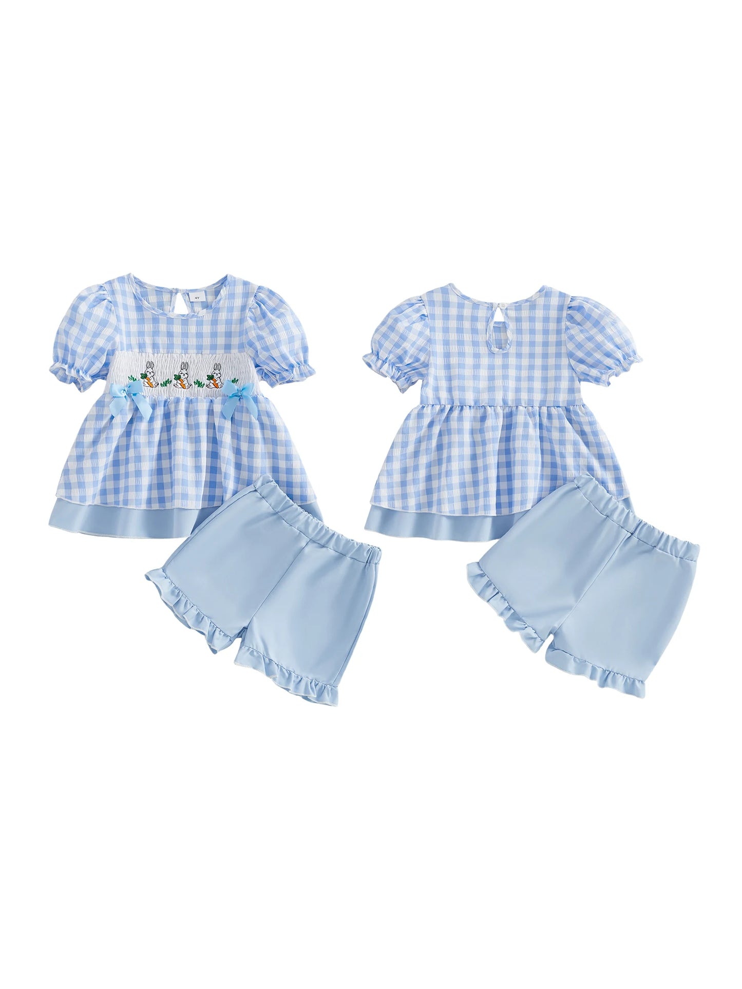 Adorable Girls Easter Outfit Set with Bunny Embroidery Plaid Shorts and Round Neck Top - Fashionable 2 Piece Ensemble
