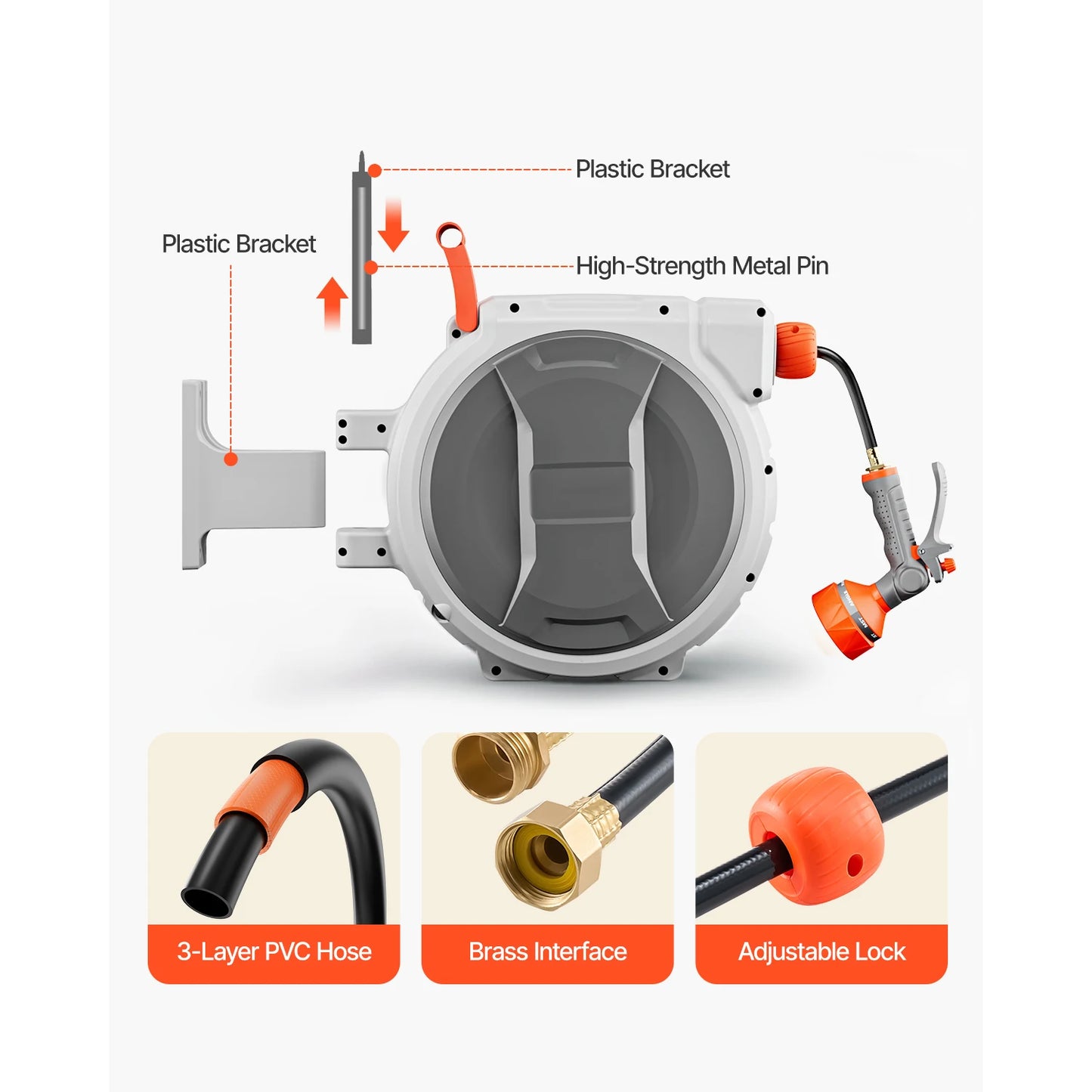 SucceBuy Retractable Garden Hose Reel 9-Pattern Nozzle 180 Degree Bracket